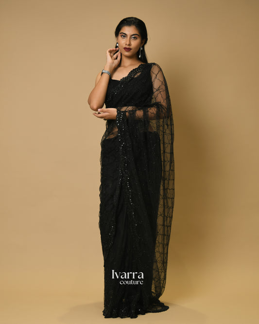 INDRA - Black tone to tone saree in butterfly net